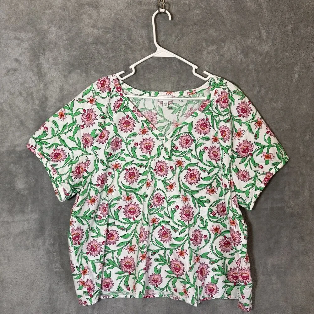 J Crew 2X Floral Top White Pink Green Short Sleeve V Neck Boxy Cotton Casual